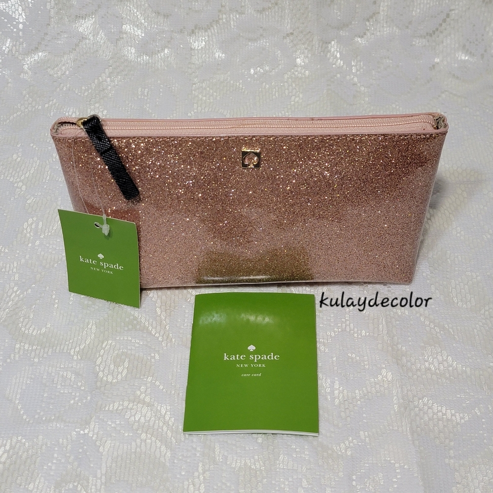 Kate Spade Clutch Makeup Bag Little Shilo Rose Gold Glitter Cosmetic Pouch NWT